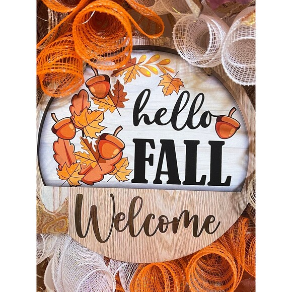 Handmade Hello Fall Welcome Door Wreath Acorn Leaf 22 in LED Thanksgiving W12 - Picture 5 of 10